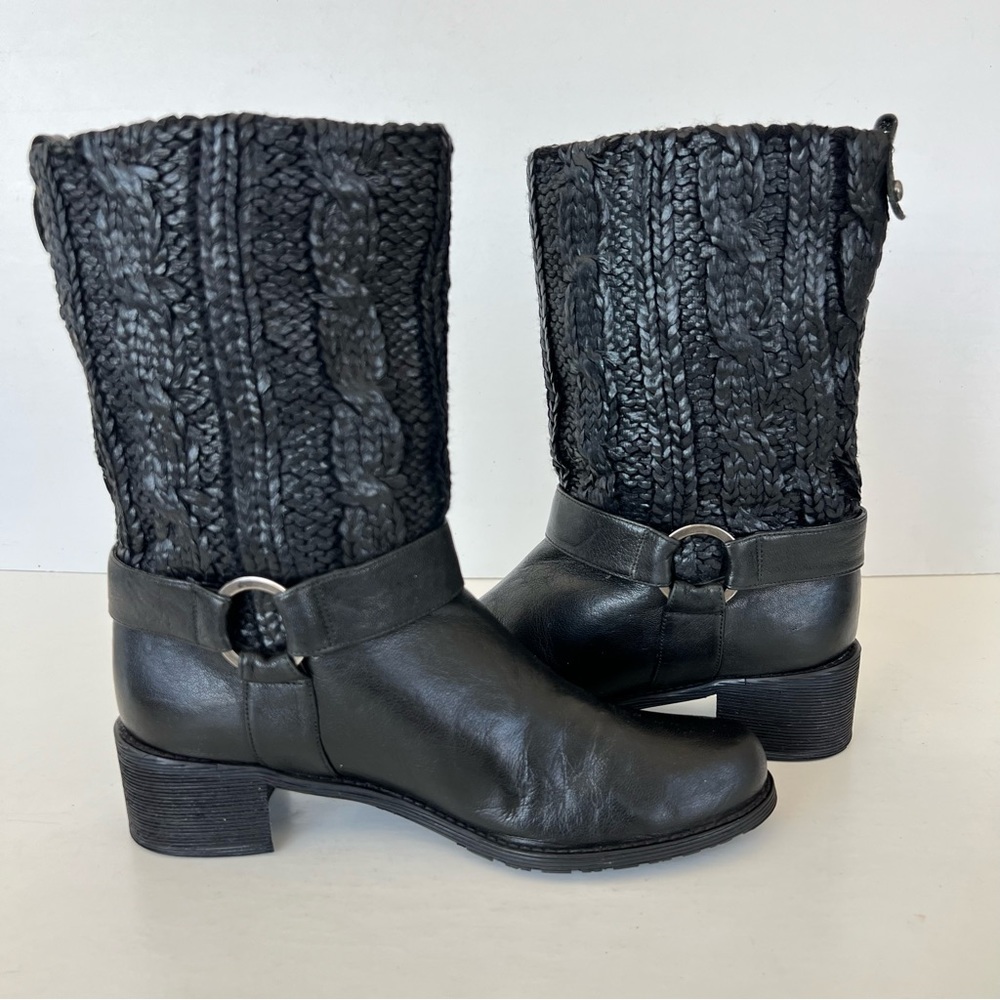 ♦️SOLD♦️STUART WEITZMAN Charcoal Black Leather Coated Knit Moto Mid Calf Boots - Picture 15 of 15